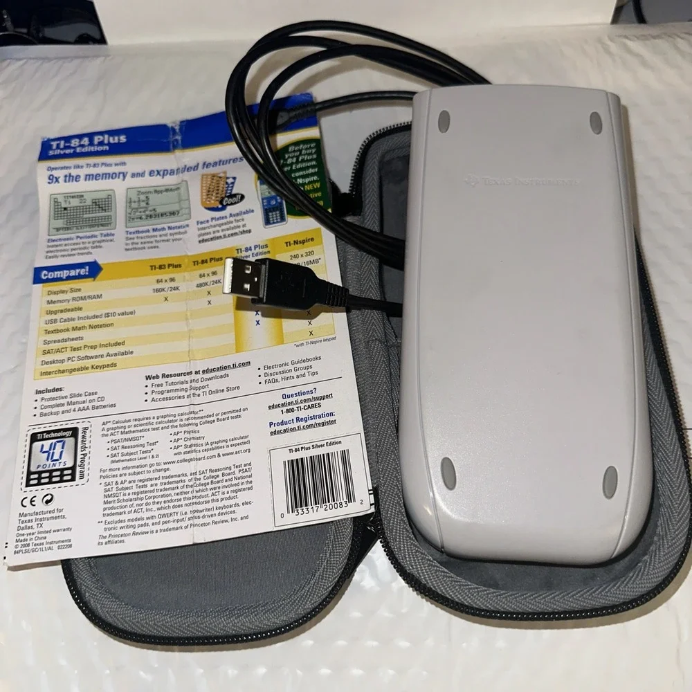 Texas Instruments TI-84 Plus Silver Edition Graphing Calculator Cover Cable Case